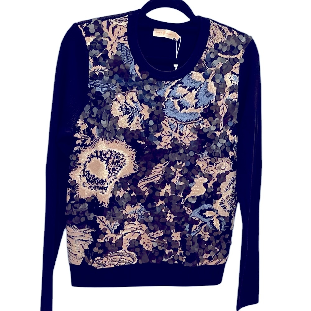 Tory Burch Sequin Front Embellishments Agnes Merino Wool Crewneck Sweater XL